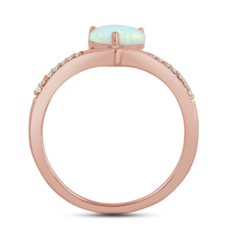 Jewelili 10K Rose Gold With Created Opal and Natural White Diamonds Teardrop Ring