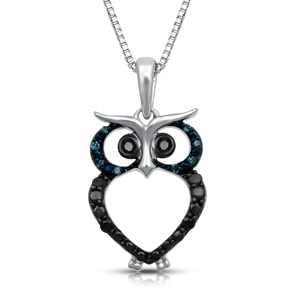 Jewelili Sterling Silver With Treated Blue Diamonds and Treated Black Diamonds Owl Pendant Necklace