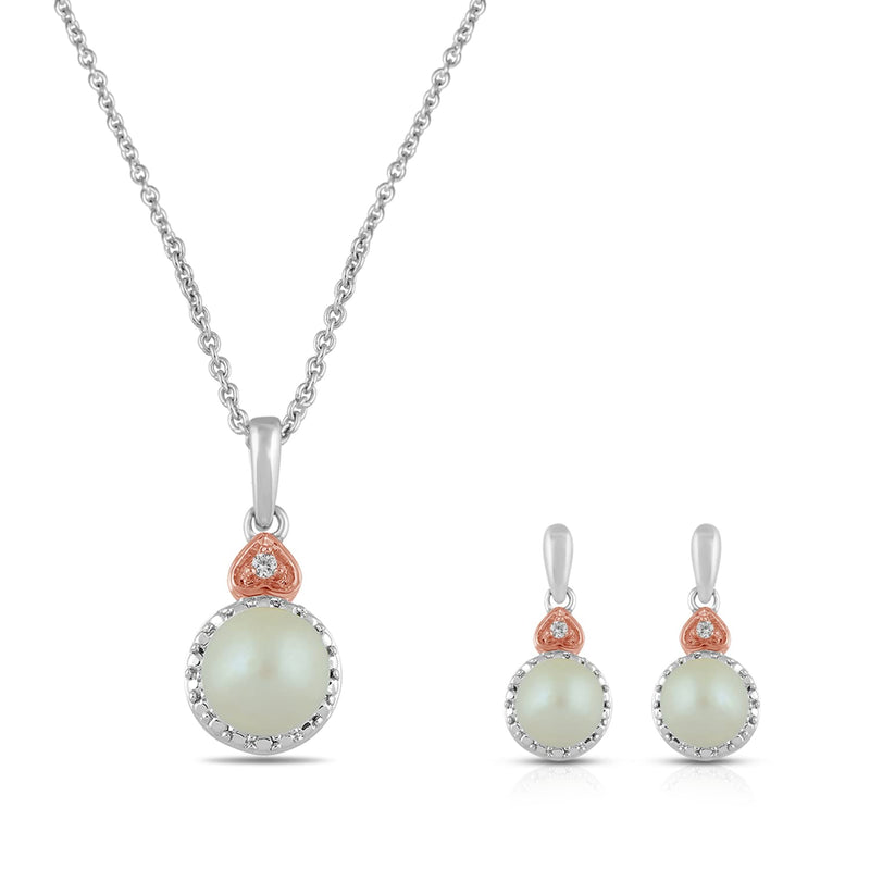 Jewelili Pendant Necklace Stud Earrings Jewelry Set with Pearl and Created White Sapphire in Rose Gold over Sterling Silver View 1