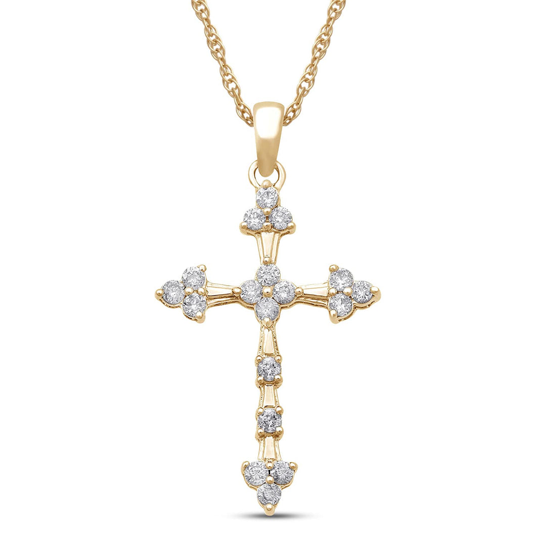 Jewelili Cross Pendant Necklace with Natural White Round Diamonds in 10K Yellow Gold 1/4 CTTW View 1