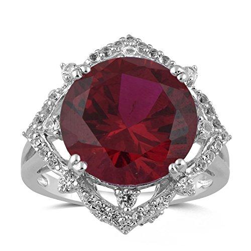 Jewelili Halo Cushion Ring with Round Created Ruby and Round Created White Sapphire in Sterling Silver View 1