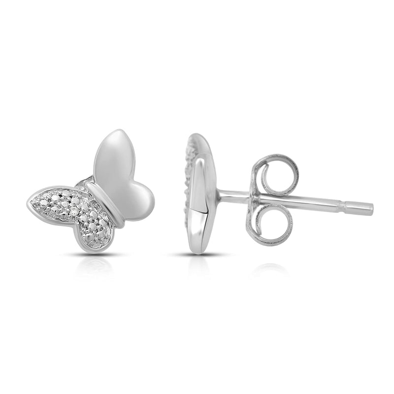 Jewelili Butterfly Stud Earrings with Round Natural White Diamonds in Sterling Silver View 5