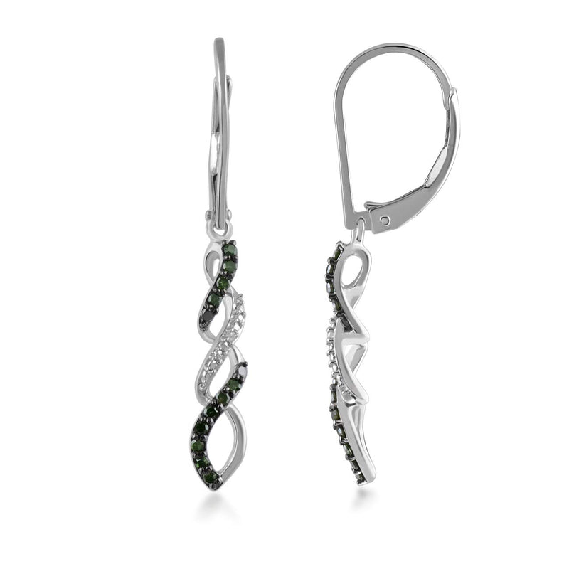 Jewelili Twist Drop Earrings with Green and White Natural Diamond in Sterling Silver 1/6 CTTW