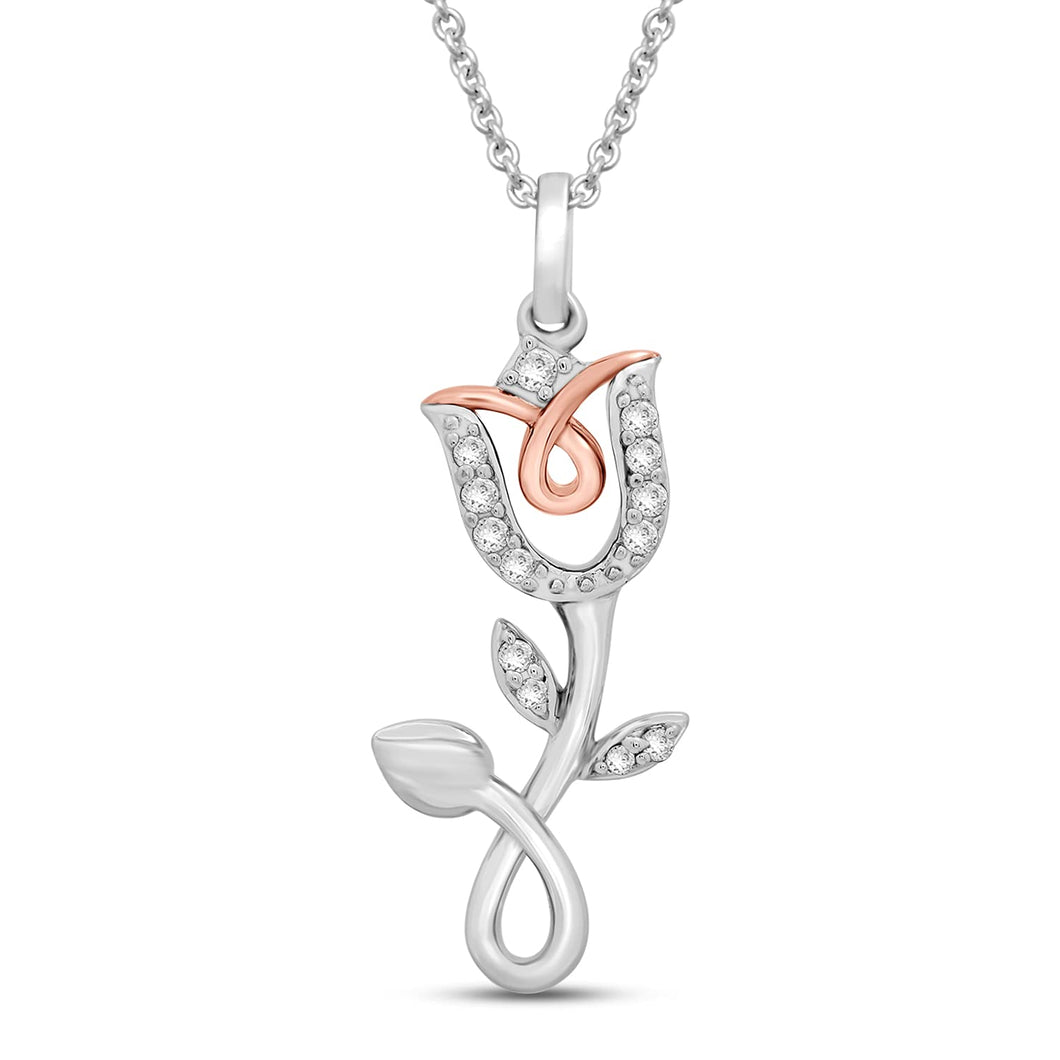 Jewelili Rose Pendant Necklace in 10K Rose Gold over Sterling Silver with Natural White Round Diamonds View 1