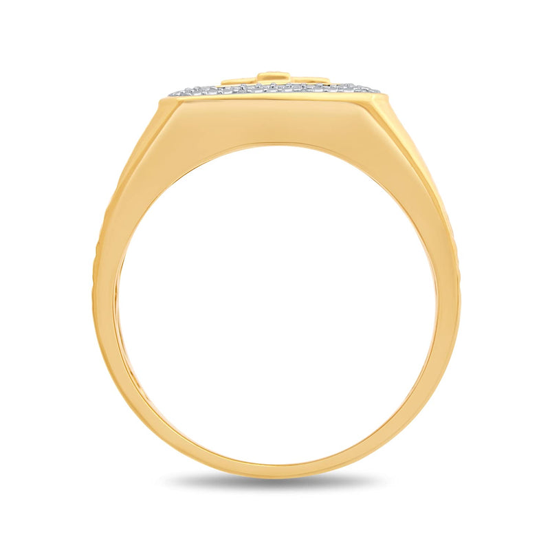Jewelili Yellow Gold over Sterling Silver With 1/10 CTTW Natural White Round Diamonds Cross Texture Men's Ring