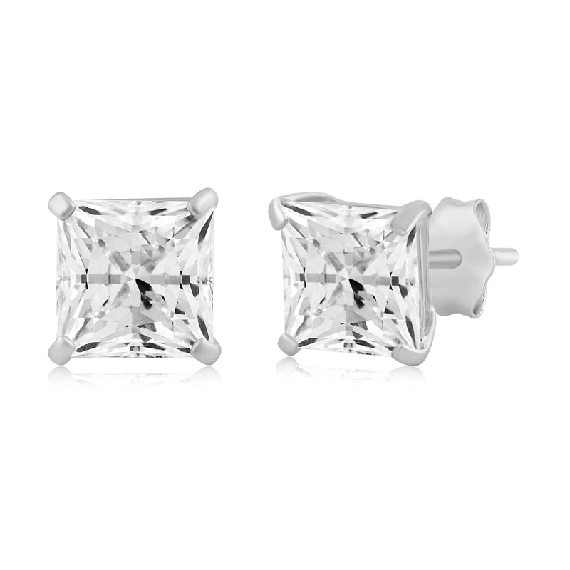 Jewelili Stud Earrings with Princess Shape Cubic Zirconia in 10K White Gold View 1