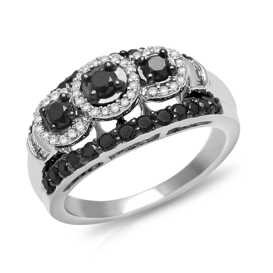 Jewelili Three Stone Ring with Black and White Diamonds in 10K White Gold 1 CTTW View 1