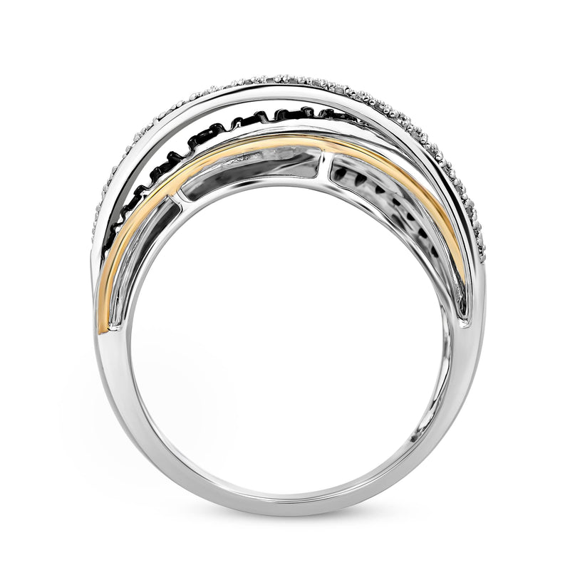 Jewelili Sterling Silver and 10K Yellow Gold with 1/3 CTTW Treated Black and Natural White Round Diamonds Crossover Ring