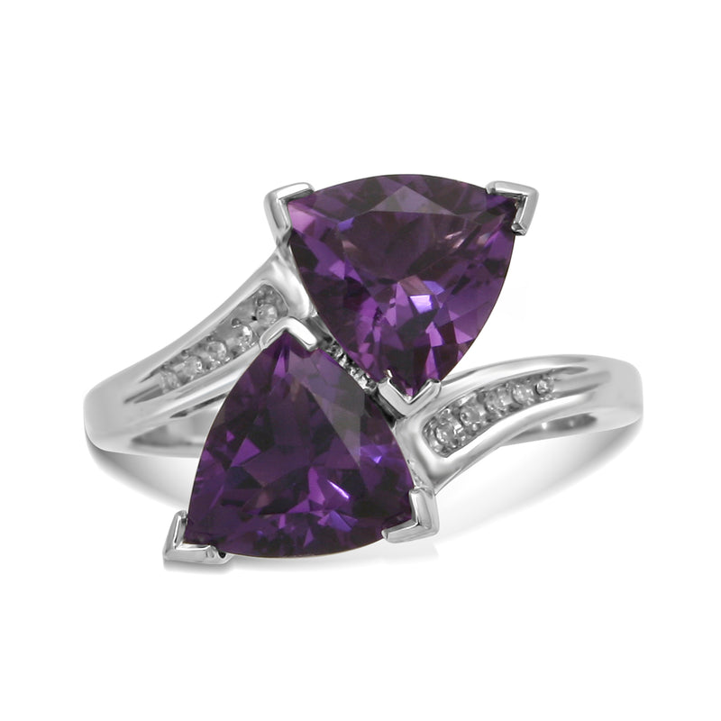 Jewelili Bypass Ring with Trillion Amethyst and White Diamonds in Sterling Silver View 4