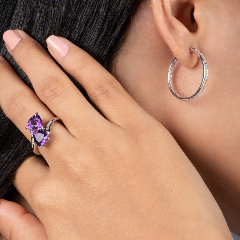 Jewelili Bypass Ring with Trillion Amethyst and White Diamonds in Sterling Silver View 2
