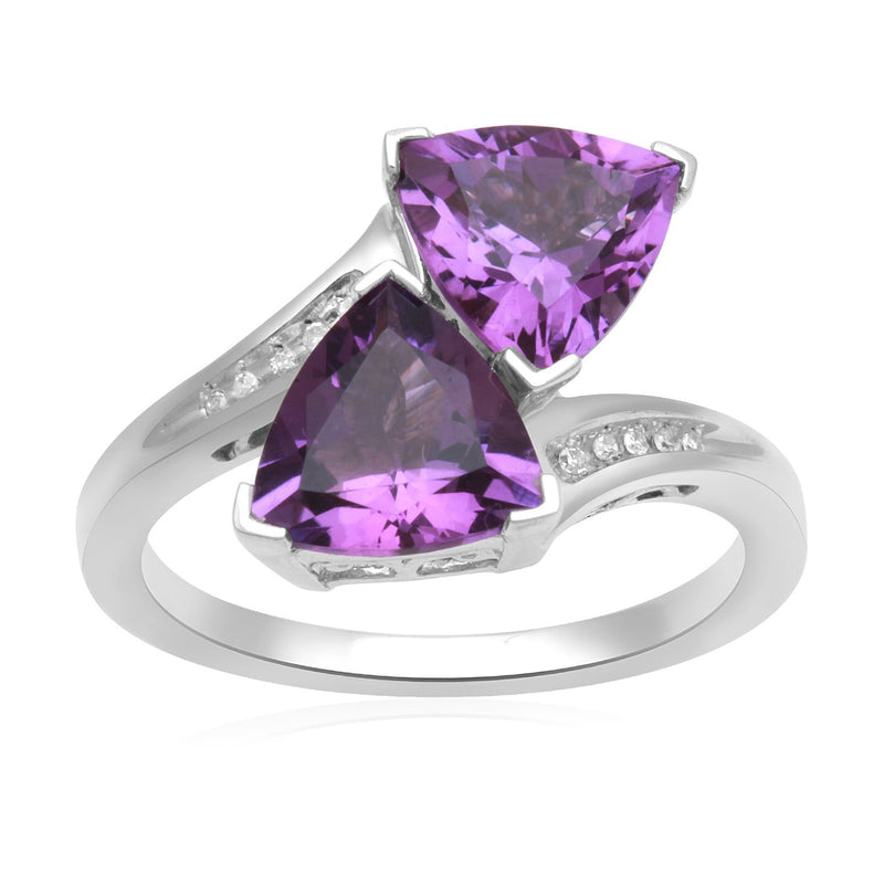 Jewelili Bypass Ring with Trillion Amethyst and White Diamonds in Sterling Silver View 1