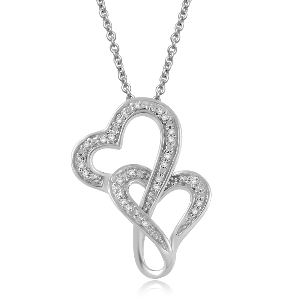 Jewelili Sterling Silver With Diamonds Double Heart Pendant Necklace