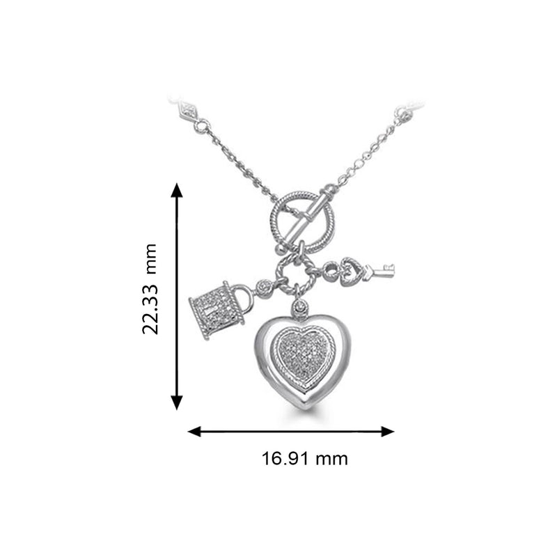 Jewelili Sterling Silver With 1/5 CTTW Natural White Diamond Heart, Lock and Key Charm Pendant Toggle Necklace