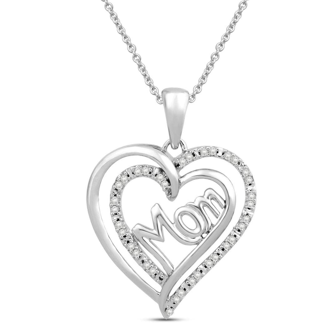 Jewelili Sterling Silver with 1/10 CTTW Diamonds Mom Double Heart Pendant Necklace