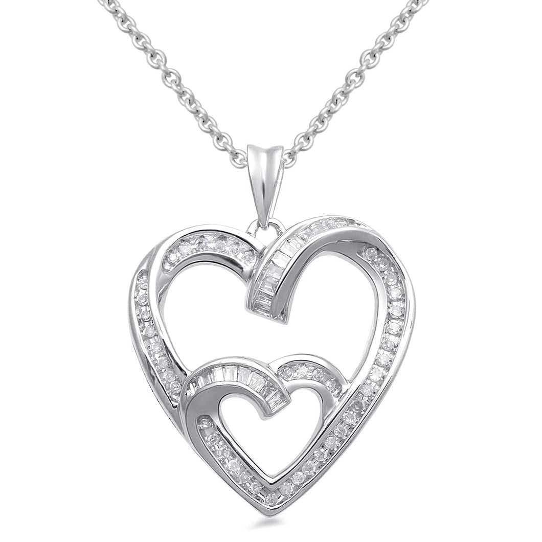 Jewelili Sterling Silver 1/4 CTTW Diamonds Heart Pendant Necklace