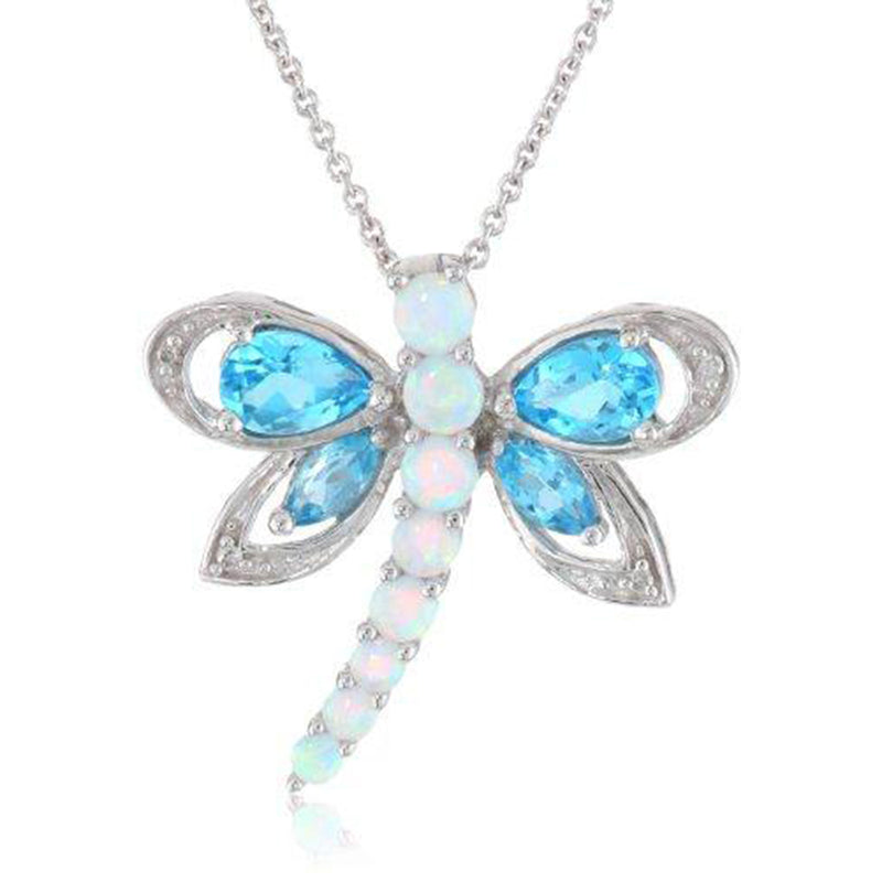 Jewelili Dragonfly Necklace Blue Topaz Opal Jewelry in Sterling Silver - View 1