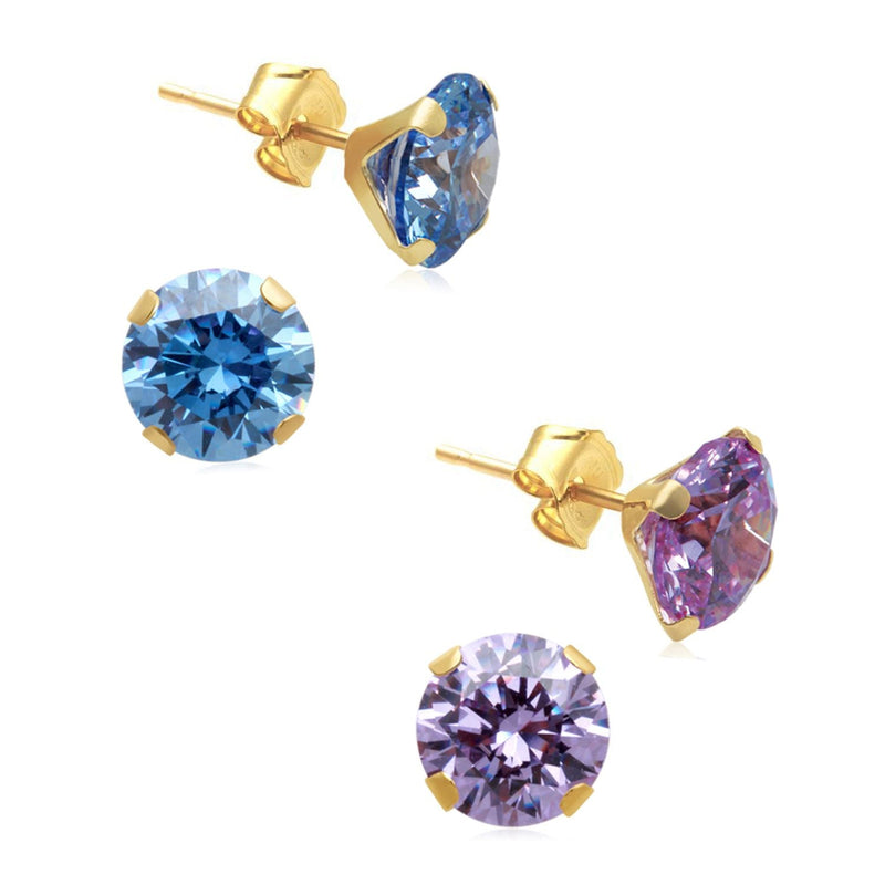 Jewelili Stud Earrings with Round Cut Lavender and Blue Cubic Zirconia in 10K Yellow Gold View 2