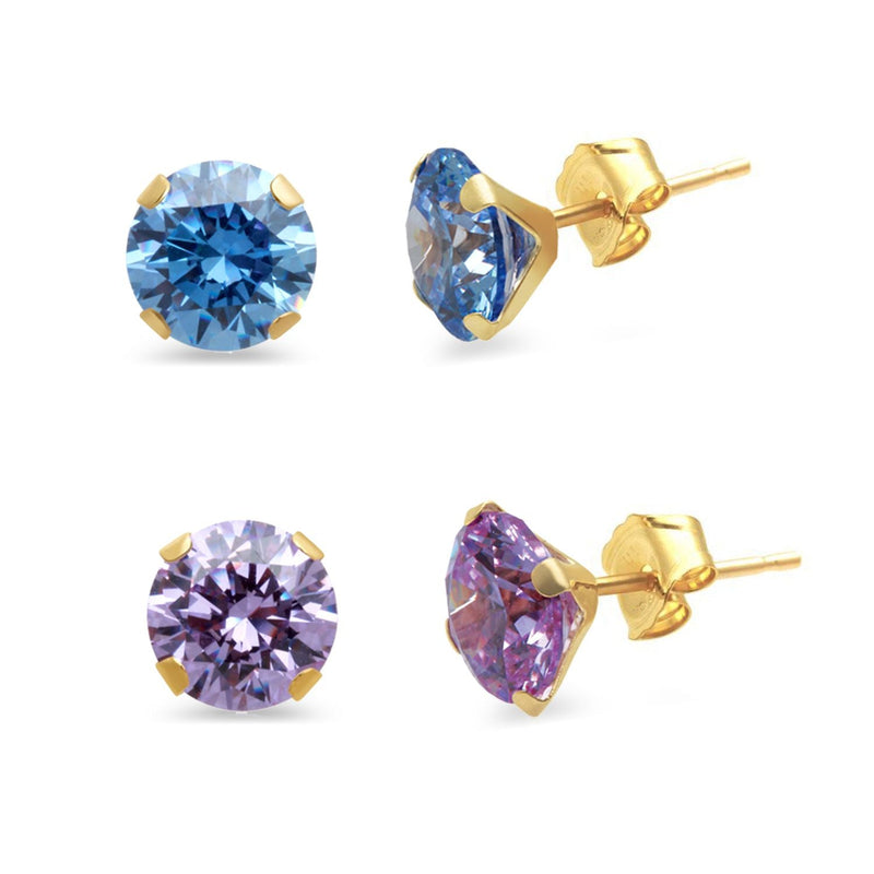 Jewelili Stud Earrings with Round Cut Lavender and Blue Cubic Zirconia in 10K Yellow Gold View 1