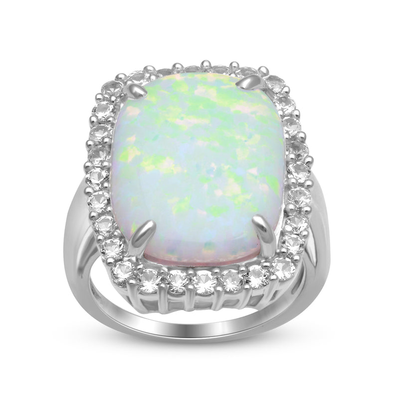 Jewelili Halo Ring with Cushion Shape Created Opal and Created White Sapphire in Sterling Silver View 1