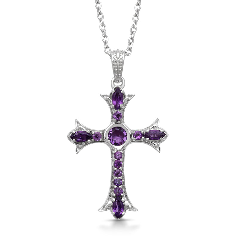 Jewelili Sterling Silver with Round and Marquise Shape Amethyst Cross Pendant Necklace