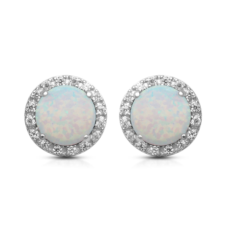 Jewelili Sterling Silver with Round Shape Created Opal with Created White Sapphire Halo Stud Earrings
