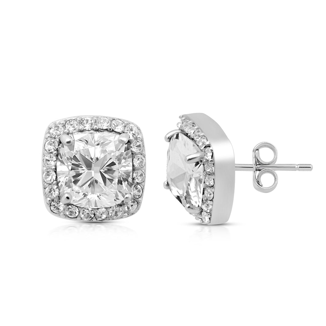 Jewelili Sterling Silver with Cubic Zirconia and Round Clear Crystal Halo Stud Earrings
