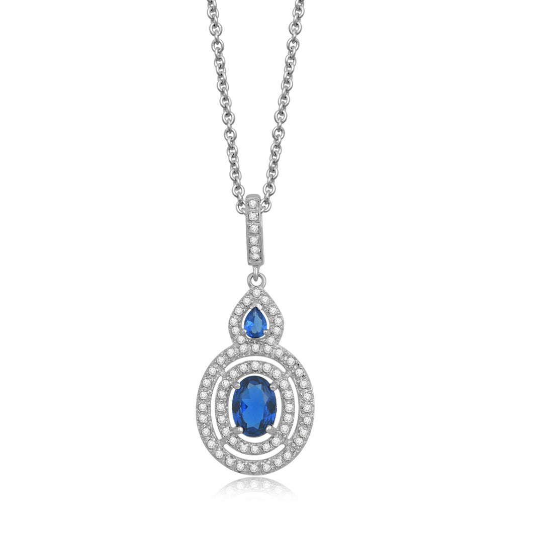 Jewelili Sterling Silver 6x8mm Oval Created Ceylon Sapphire, 3x4mm Pear Created Ceylon Sapphire and Round Created White Sapphire Halo Pendant Necklace, 18