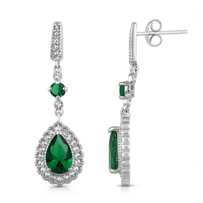 Jewelili Teardrop Drop Earrings with Pear and Round Simulated Emerald, Created Round White Sapphire in Sterling Silver View 1