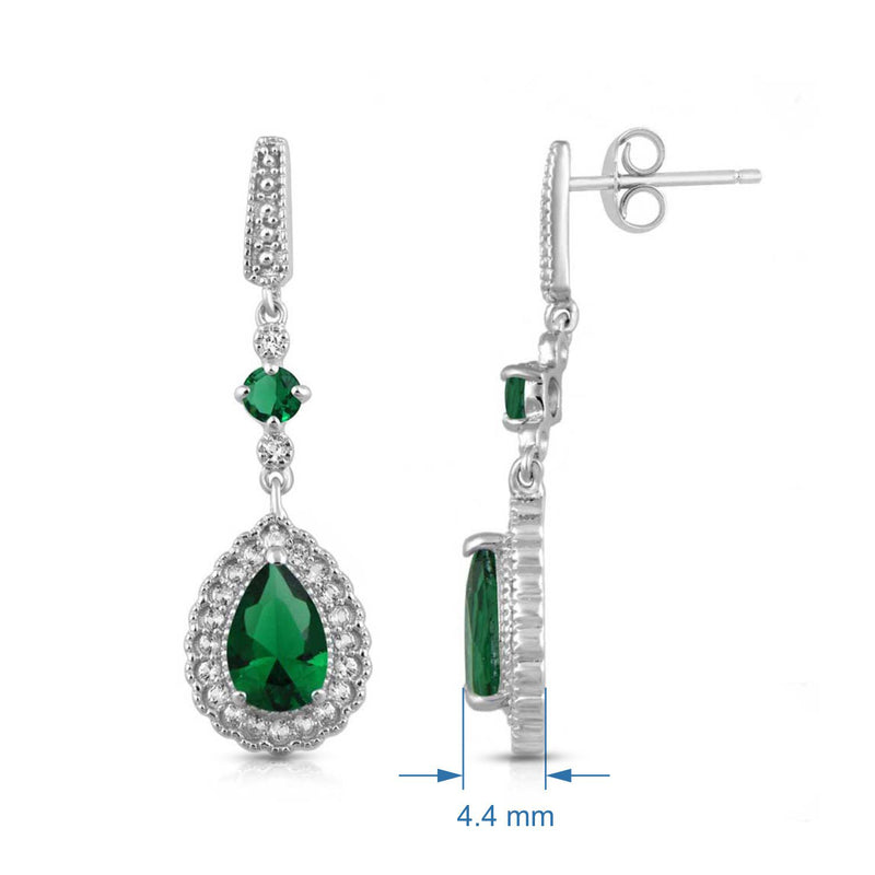 Jewelili Teardrop Drop Earrings with Pear and Round Simulated Emerald, Created Round White Sapphire in Sterling Silver View 5