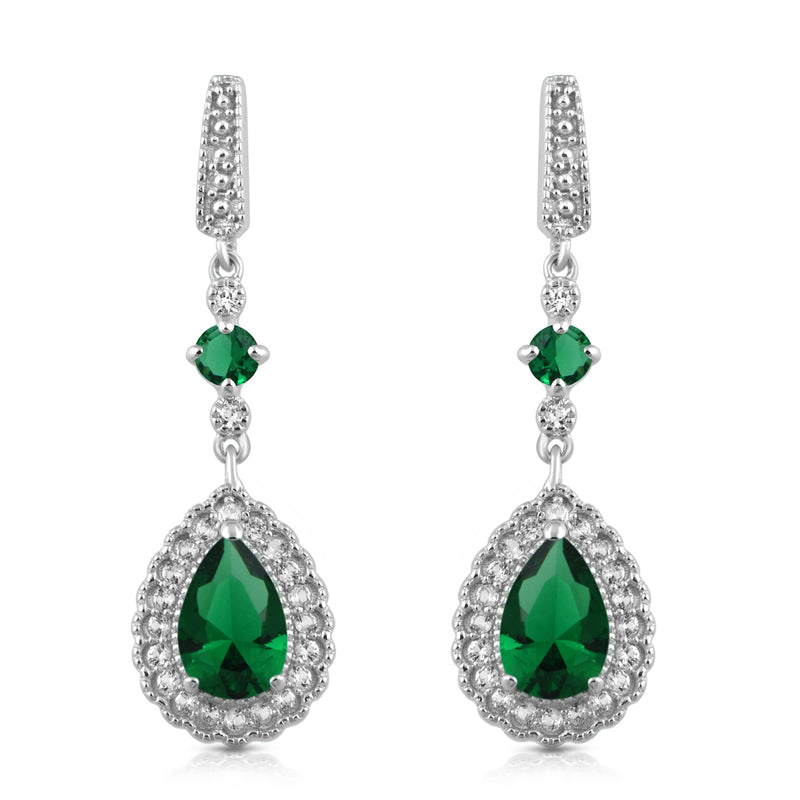 Jewelili Teardrop Drop Earrings with Pear and Round Simulated Emerald, Created Round White Sapphire in Sterling Silver View 3