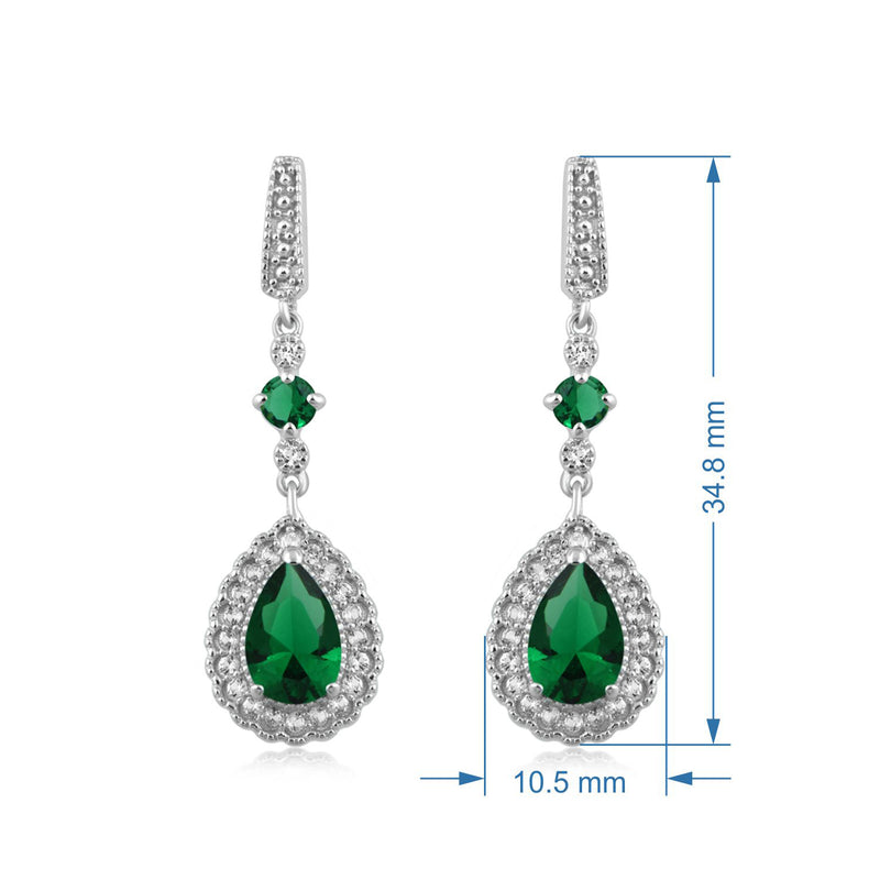 Jewelili Teardrop Drop Earrings with Pear and Round Simulated Emerald, Created Round White Sapphire in Sterling Silver View 4