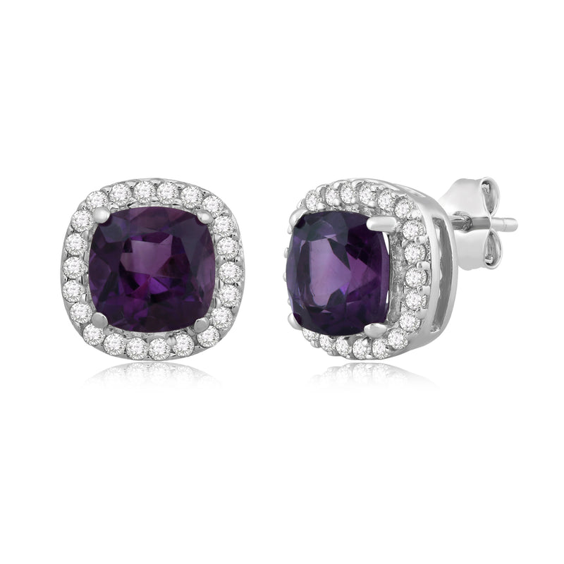 Jewelili Sterling Silver With Cushion Cut Amethyst and Round Created White Sapphire Stud Earrings