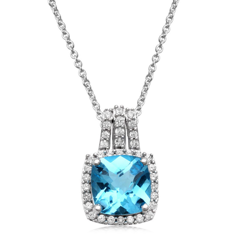 Jewelili Sterling Silver with Checker Board Cushion Swiss Blue Topaz and Round Created White Sapphire Pendant Necklace