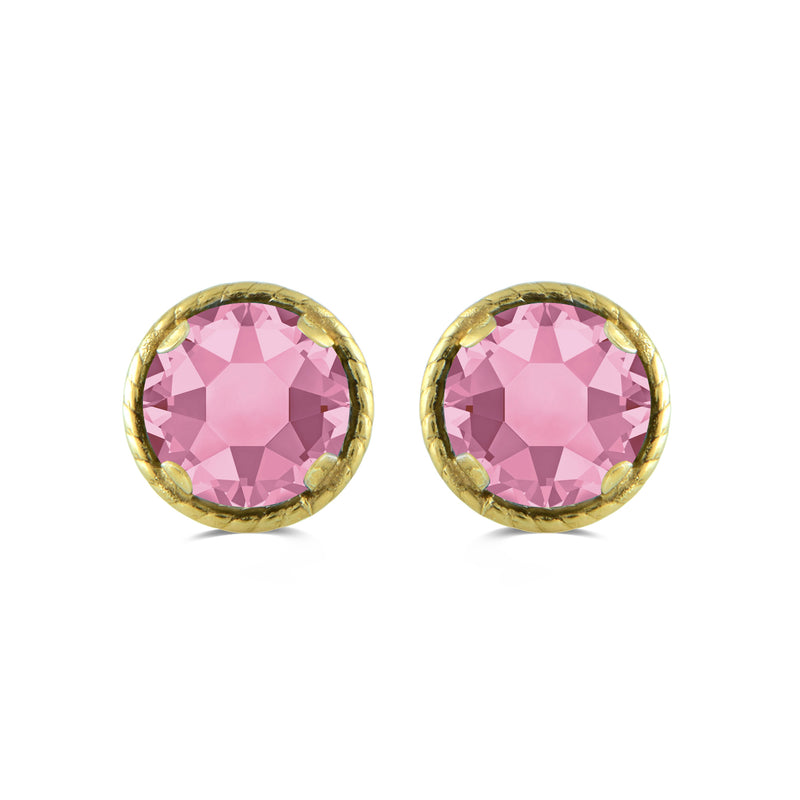 Jewelili 10K Yellow Gold with Round Rose Crystal Stud Earrings