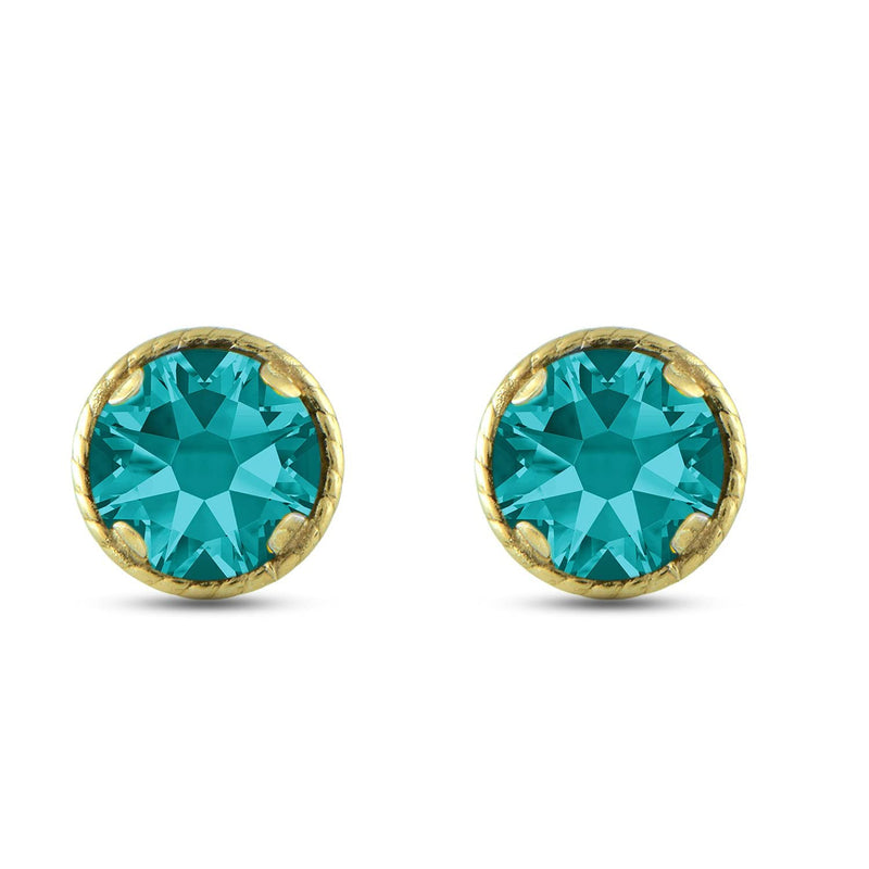 Jewelili 10K Yellow Gold with Round Blue Zirconia Crystal Stud Earrings