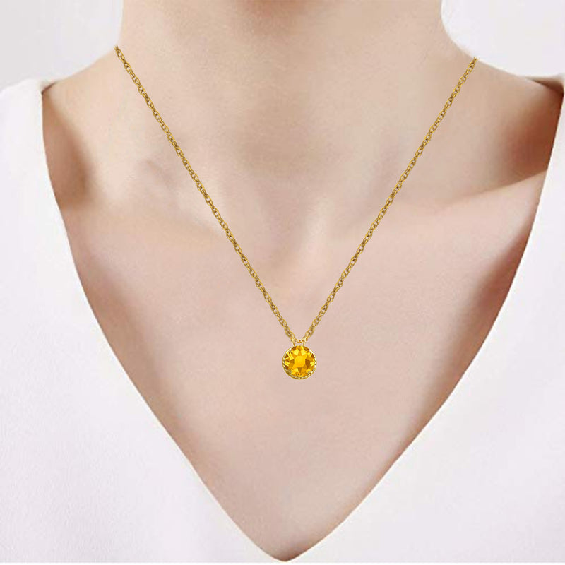 Jewelili 10K Yellow Gold With Round Yellow Topaz Cubic Zirconia Crystal Pendant Necklace