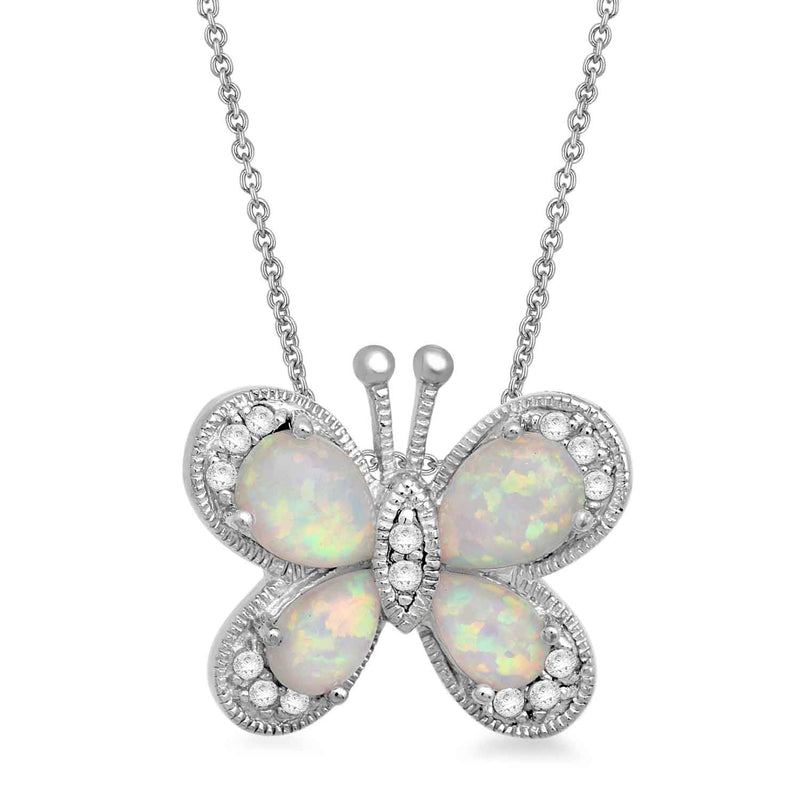 Jewelili Sterling Silver With Created Opal and Created White Sapphire Butterfly Pendant Necklace