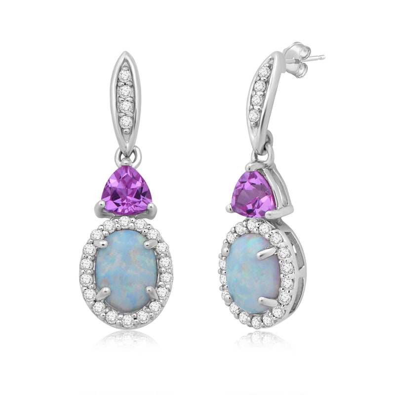 Jewelili Sterling Silver With Created Opal and Pink Sapphire and White Sapphire Dangle Earrings