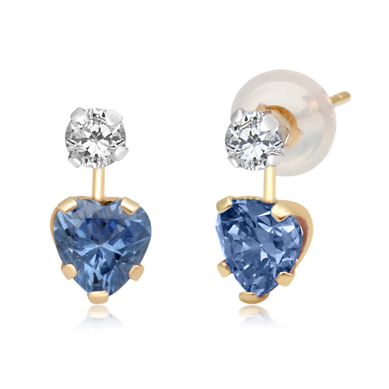 Jewelili 10K Yellow Gold Heart Shape Swiss Blue Cubic Zirconia and Round Shape White Cubic Zirconia Drop Earrings