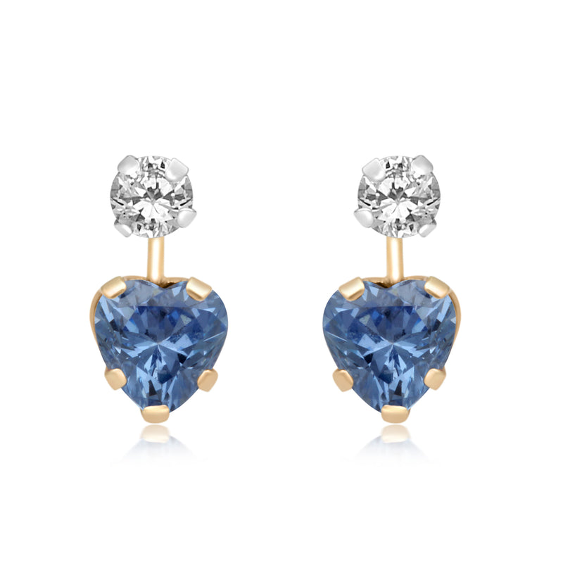 Jewelili 10K Yellow Gold Heart Shape Swiss Blue Cubic Zirconia and Round Shape White Cubic Zirconia Drop Earrings