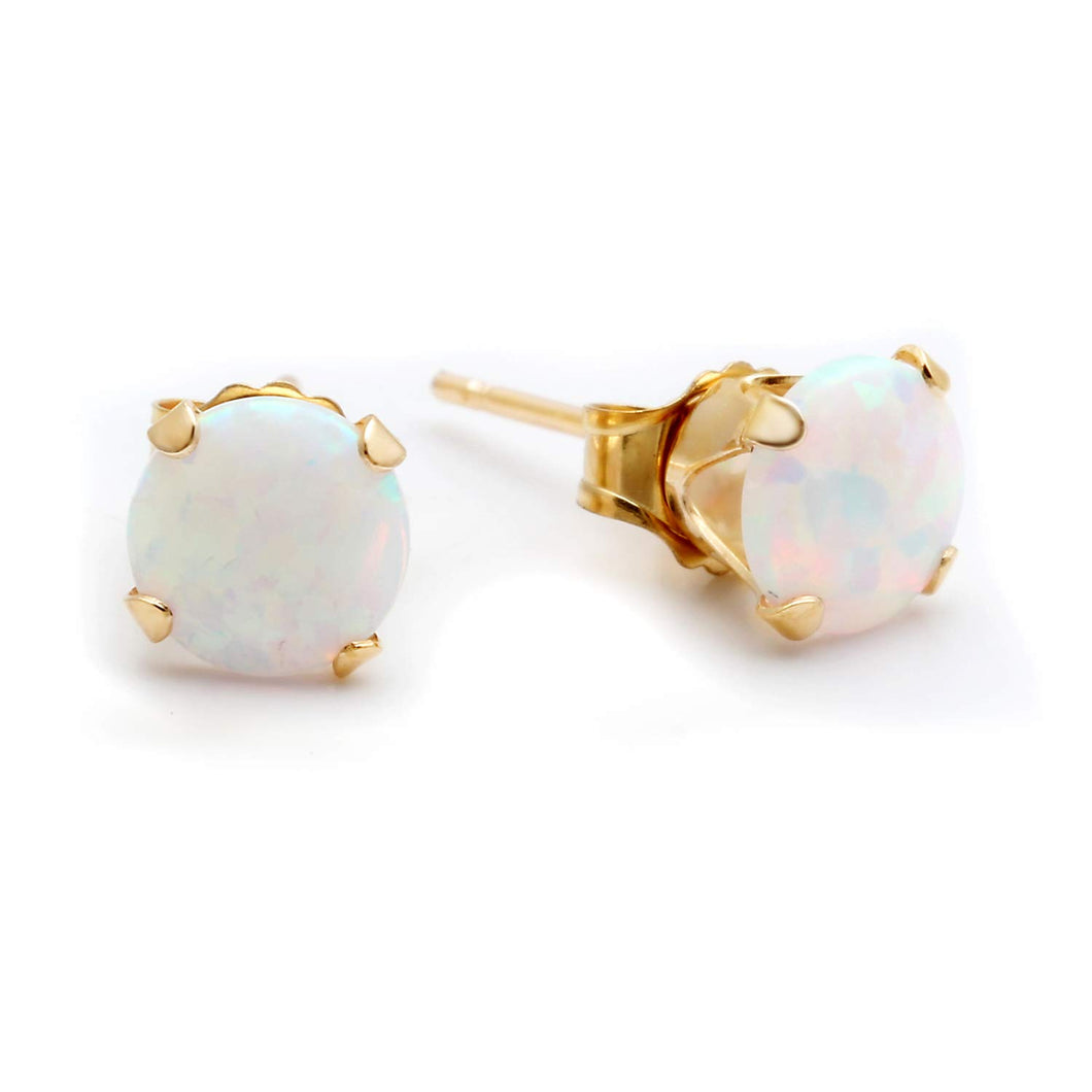 Jewelili 10K Yellow Gold with Round Created Opal Stud Earrings