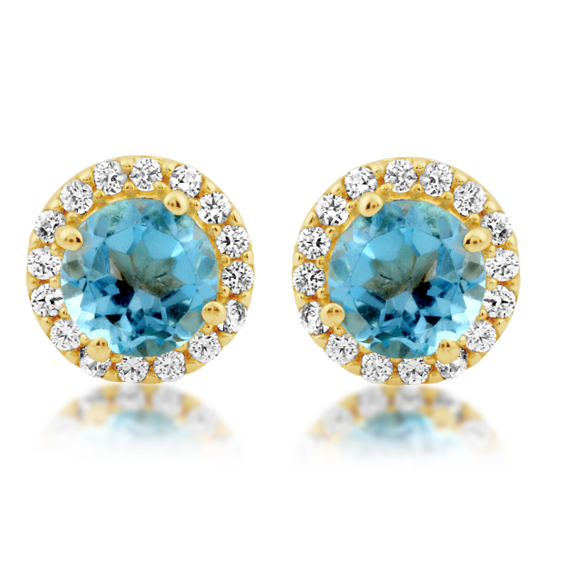 Jewelili 10K Yellow Gold with Created White Sapphire and Natural Swiss Blue Topaz Halo Stud Earrings