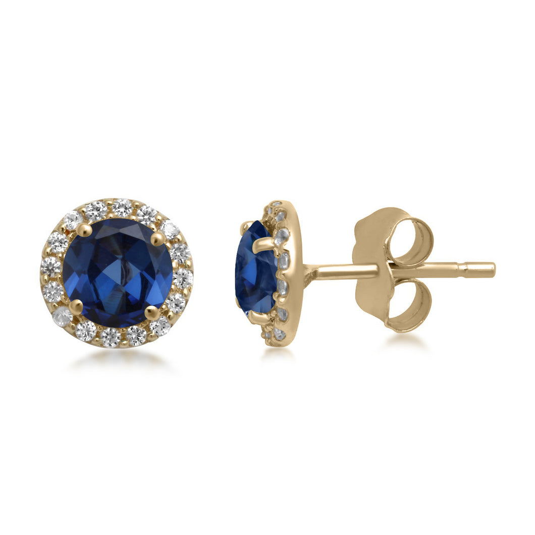 Jewelili 10K Yellow Gold with Round Created Blue Sapphire and White Sapphire Stud Earrings