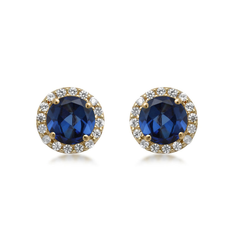 Jewelili 10K Yellow Gold with Round Created Blue Sapphire and White Sapphire Stud Earrings