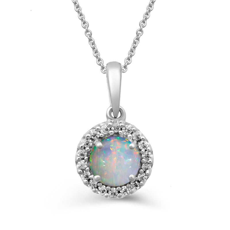 Jewelili Zirconia Pendant Necklace with Round Shape Created Opal in Sterling Silver 
