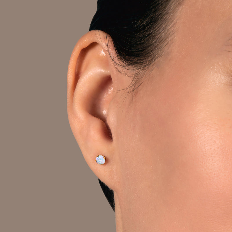 Jewelili 10K Yellow Gold with Round Shape Created Opal Stud Earrings