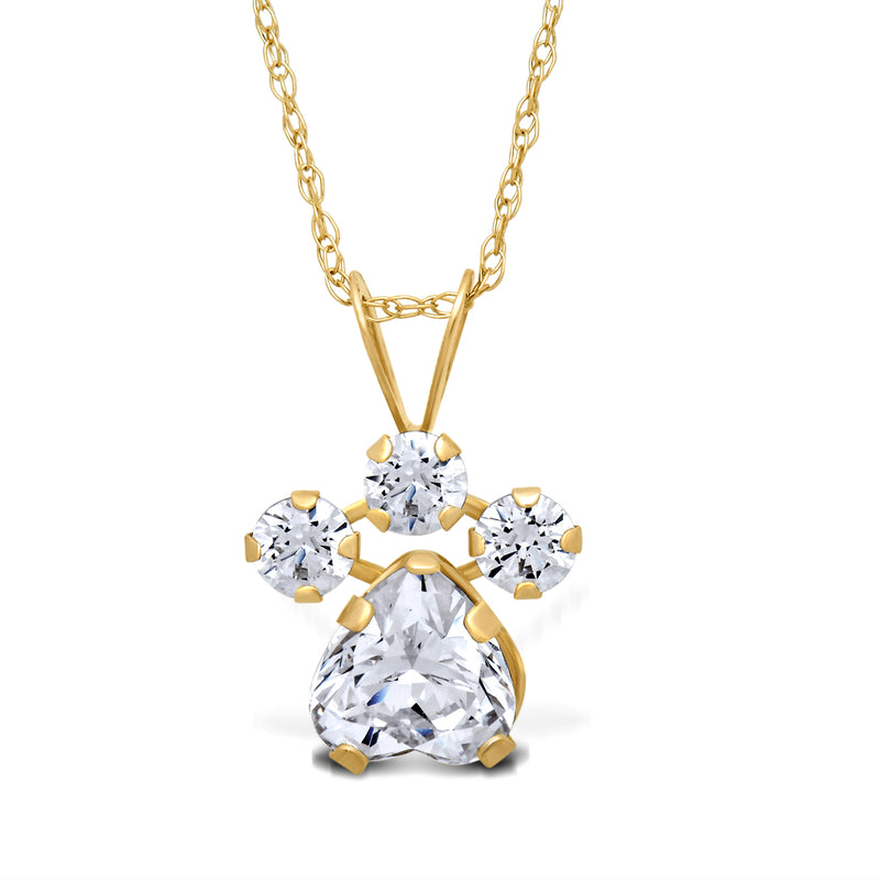 Jewelili 10K Yellow Gold Heart and Round Shape Cubic Zirconia Paw Pendant Necklace