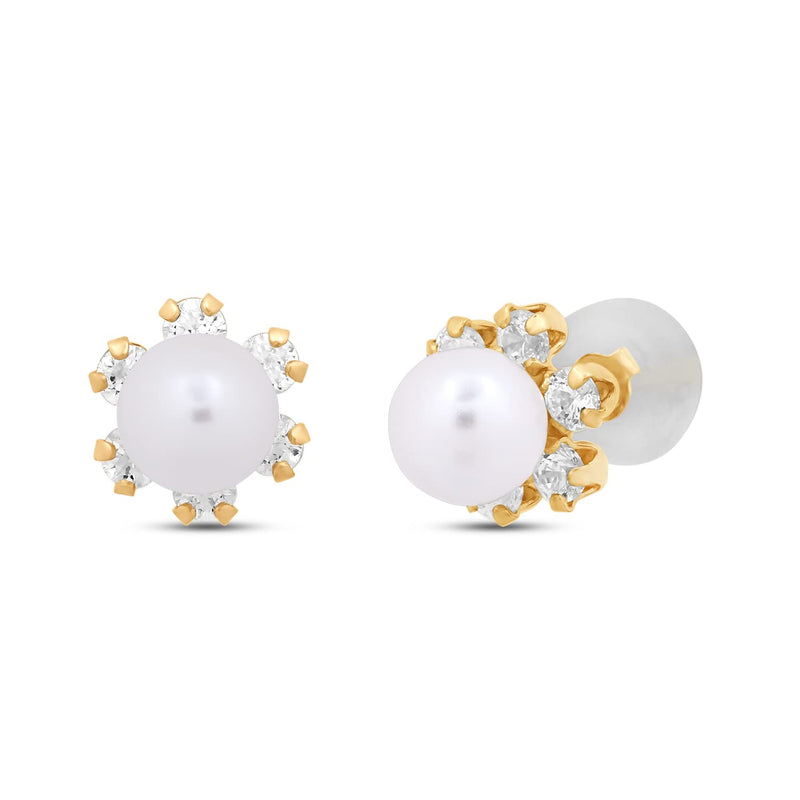 Jewelili Stud Earrings with Round Pearl and Round White Cubic Zirconia in 10K Yellow Gold View 1