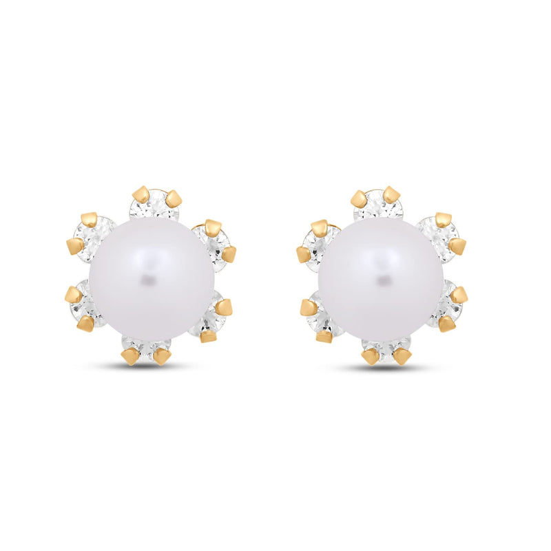 Jewelili Stud Earrings with Round Pearl and Round White Cubic Zirconia in 10K Yellow Gold View 2