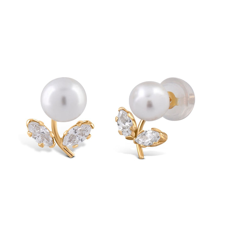 Jewelili 10K Yellow Gold With Pearl and Cubic Zirconia Stud Earrings